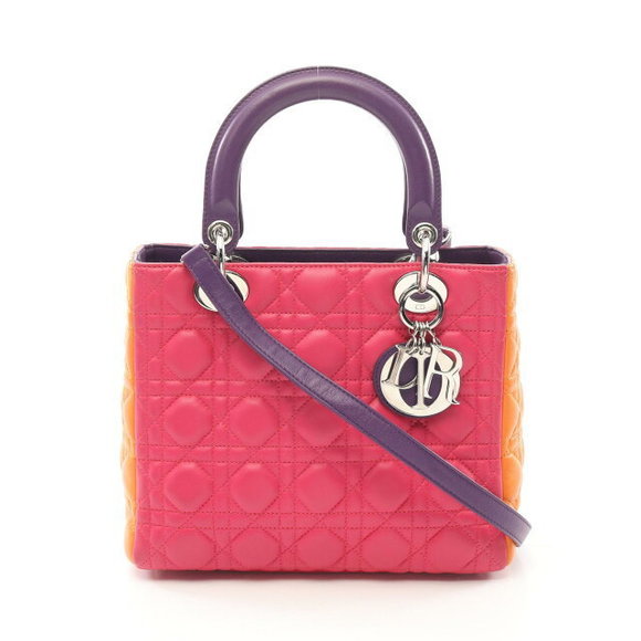 Dior Lady Cannage Leather Handbag Pink Purple Orange - Picture 1 of 7